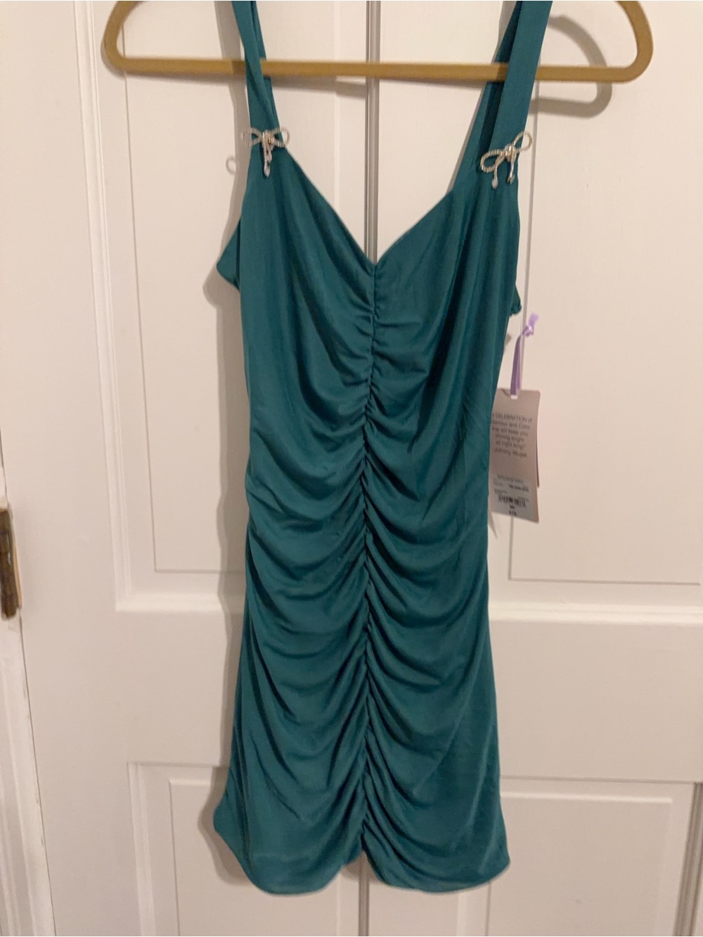 Johnny Wujek Teal Ruched Slip Mini with Tie Straps